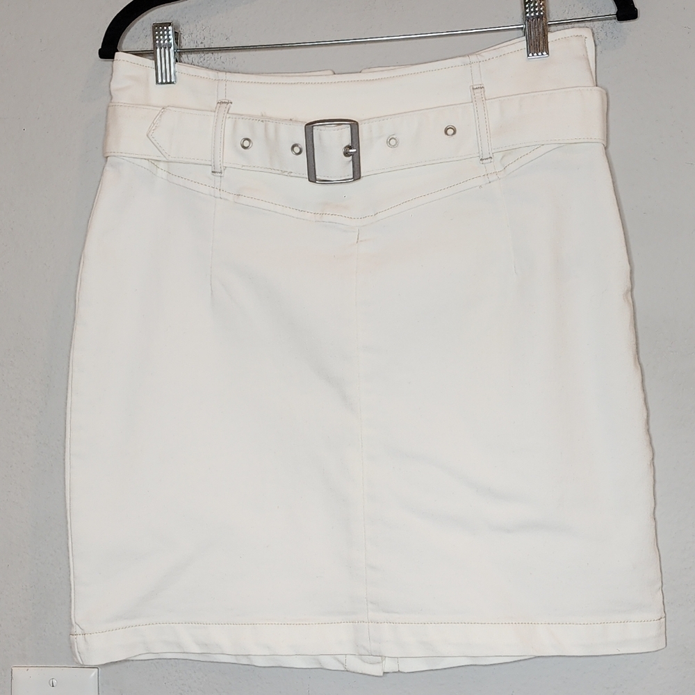 Free People White Stretch Denim Belted Mini Skirt Size‎ 10 Yoke Waist